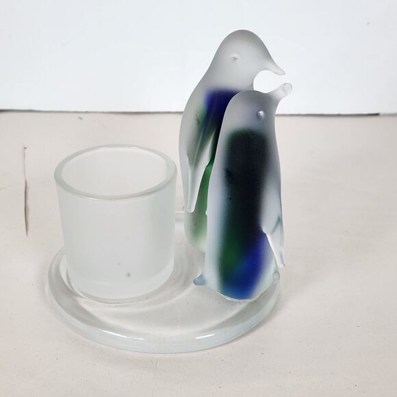 PartyLite Penguin Candle Holder P7196 Frosted Glass Votive Blue Green 5in - Picture 4 of 8
